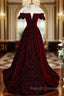 Burgundy Velvet Sequins Off the Shoulder Prom Dress