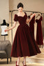 Burgundy Velvet Short Prom Dresses A-Line Short Sleeve Prom Dresses
