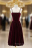 Burgundy Velvet Spaghetti Straps Tea Length Prom Dress