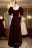Burgundy Velvet Square Puff Sleeve Pearls Prom Dress