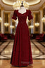 Burgundy Velvet Square Short Sleeve Long Prom Dress