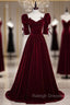 Burgundy Velvet Square Short Sleeve Pleats Prom Dress