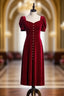 Burgundy Velvet Square Short Sleeve Prom Dress