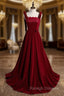 Burgundy Velvet Straps Beading Prom Dress