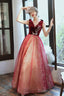 Burgundy Velvet Tulle Long Prom Dresses, V-Neck Graduation Dresses