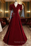 Burgundy Velvet V Neck Short Sleeve Prom Dress