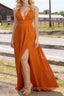 Burnt Orange V Neck Chiffon Floor Length Bridesmaid Dress Long Bridesmaid Dresses With Pleated Split