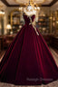 Burugndy Velvet High Neck Short Sleeve Beading Prom Dress