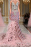 Pink Halter Mermaid Prom Dresses with Sequins Beadings and Tulle Ruffle