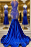 Sleeveless Royal Blue Scoop Neck Mermaid Prom Dress with Beadings