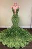 Exquisite Green V Neck Sequins Sleeveless Floor Length Mermaid Prom Dresses