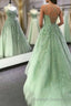 Sage Green Straps Tulle With Lace Train Long Prom Dress, Sage Green Party Dress