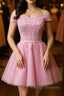 Cap Sleeves Short Pink Lace Prom Dresses, Short Pink Lace Formal Bridesmaid Dresses