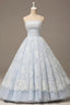 Light Blue Organza Lace Sweetheart A Line Long Prom Dress, Princess Ball Gowns Dress