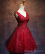 Wine Red Short Lace Cute Homecoming Dress, V Neckline Lace Up Teen Prom Dress