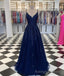 Blue V Neck Tulle Lace Long Prom Dress, Prom Dress