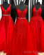 A Line Red Beaded Tulle Gowns Prom Dresses