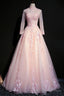 Pink Tulle Beaded Long Lace Applique Formal Prom Dress, Prom Dress, With Sleeve