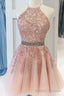 Pink Halter Appliqued Homecoming Dress, With Beading Belt