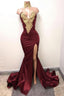 Burgundy Lace Long Prom Dress, Mermaid Prom Dress