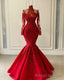 Red Luxurious Lace Beaded Prom Dresses 2026 Red Shiny Long Sleeve High Neck Mermaid Prom Gown