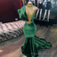 Emerald Green Prom Dresses, High Neck Appliques Gold Lace Mermaid Prom Dresses, Sexy Formal Velvet Prom Gown