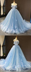 Sky Blue Tulle Off Shoulder Sweetheart Neck Long Lace Applique Senior Prom Dress, Prom Dress