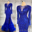 Long Prom Dress, Luxury Royal Blue Prom Dresses, Beaded Crystals Sheer Neck Mermaid Arabic Aso Ebi Prom Gown