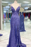 Tight Purple Sequined Long Prom Dress, With Slit