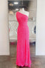 2026 One Shoulder Hot Pink Sequined Prom Dress