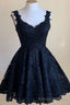 A Line Short Navy Blue Lace Homecoming Dress