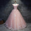 Pink Cap Sleeves Ball Gowns Tulle With Lace Sweet 16 Prom Dresses, Long Quinceanera Dresses