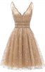 A Line V Neck Knee Length Gold Sequins Homecoming Dress, With Beading