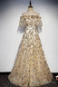 Champagne Tulle Lace Long Prom Dress, Champagne Prom Dress