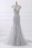 Spring Gray Tulle Long Mermaid Prom Dress, Beaded Lace Prom Gowns