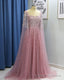 Pink Tulle Open Back Long Sleeve Sequins Evening Dress, Formal Prom Dress