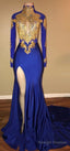 Gorgeous Royal Blue Prom Dresses, Gold Appliques Side Slit Mermaid Prom Dresses_