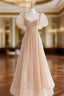Chamapgne Beaded Short Sleeves Tulle A Line Prom Dresses Champagne Prom Dresses