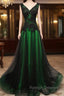 Chaming Black and Green Tulle V-neckline Long Party Dress, V-neckline Prom Dresses