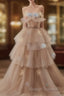Champagne A-Line Off Shoulder Tulle Sequin Long Ball Dress Cute Layered Dress