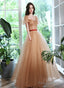 Champagne A-Line Short Sleeves Prom Dress, Champagne Tulle Evening Dress