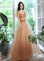Champagne A-Line Short Sleeves Prom Dresses Champagne Tulle Prom Dresses
