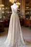 Champagne A Line Spaghetti Strap Sequins Long Prom Dress Evening Dress