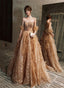 Champagne A-Line Tulle Beaded Off Shoulder Prom Dress, Champagne Party Dress