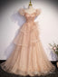 Champagne A Line Tulle Beading Long Prom Dress, Champagne Formal Dresses