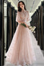 Champagne A-Line Tulle Lace Long Prom Dresses, Champagne Formal Dress