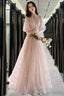 Champagne A-Line Tulle Lace Long Prom Dresses, Champagne Formal Dress