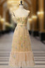 Champagne A Line Tulle Lace Tea Length Prom Dress, Champagne Prom Dress