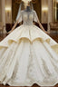 Champagne Ball Gowns Satin Cap Sleeve Beading Sequins Wedding Dress