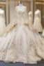 Champagne Ball Gowns Satin Sequins Long Sleeve Wedding Dress With Train